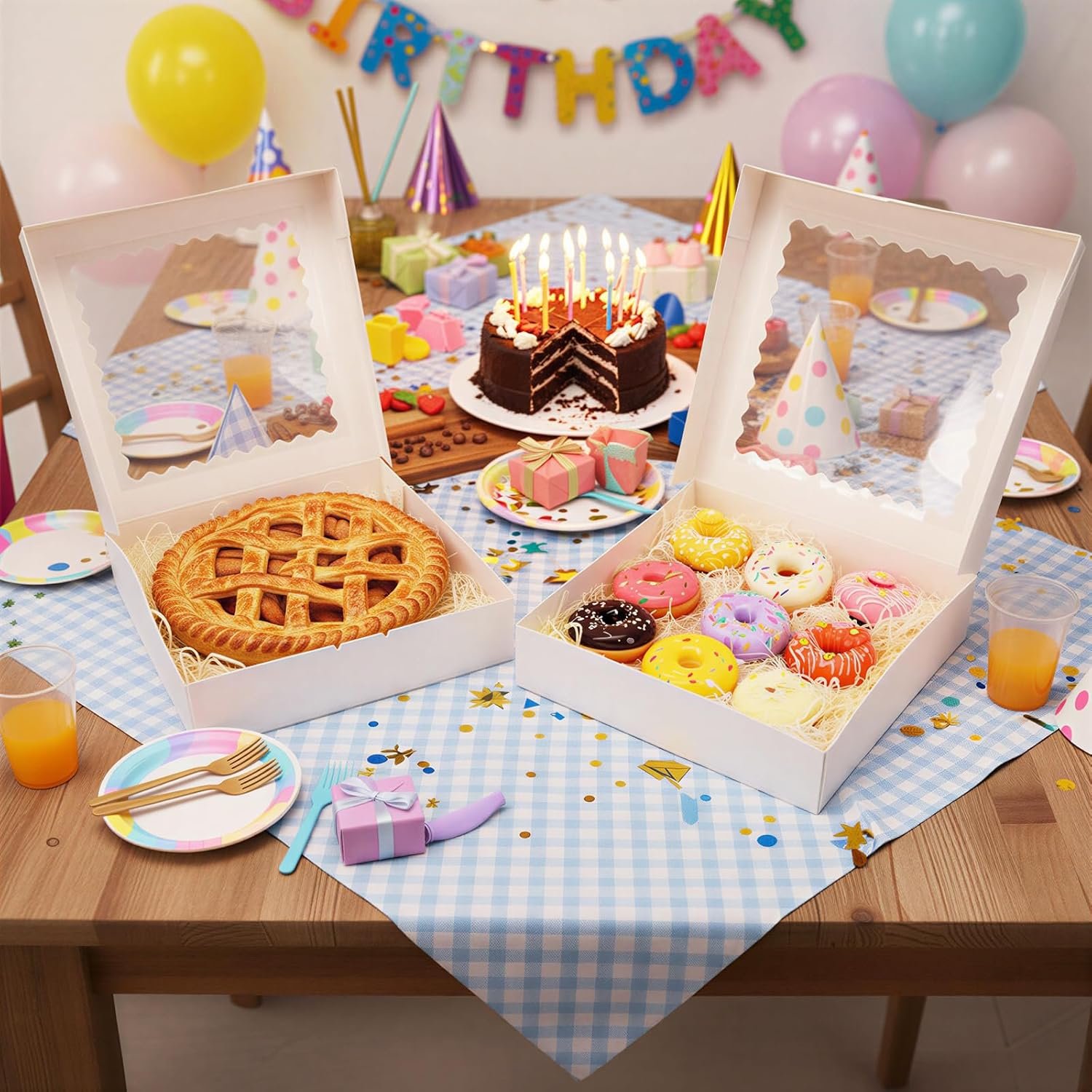 Wholesale 25pcs 12x12x2.5 White Bakery Boxes with Window Auto-Popup for Pies Cookies Desserts Pizza Strawberries Pastries Muffins Donuts Factory