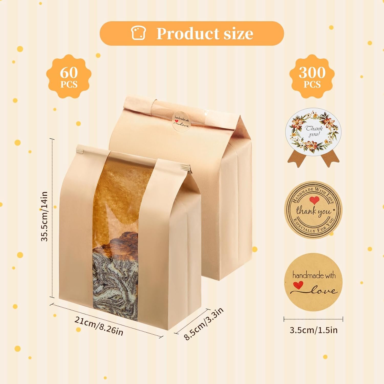 Wholesale 60 Pack Large Kraft Paper Bread Loaf Bags with Tin Tie Tab Lock and Clear Front Window 14