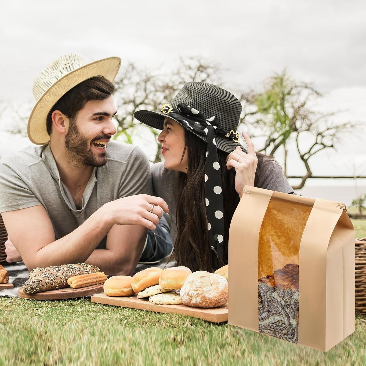 Wholesale 60 Pack Large Kraft Paper Bread Loaf Bags with Tin Tie Tab Lock and Clear Front Window 14