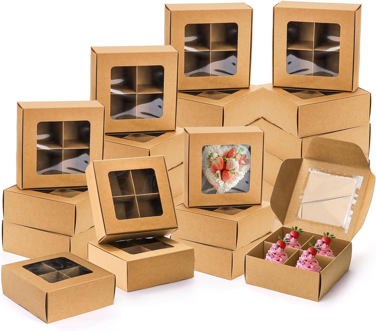 40 Pack Brown Bakery Boxes with Window and Dividers, 6 x 6 Inch Mini Pastry Boxes with 4 Compartments, Kraft Treats Gift Boxes with Inserts, Cupcake Packaging Containers for Pastries Biscuits