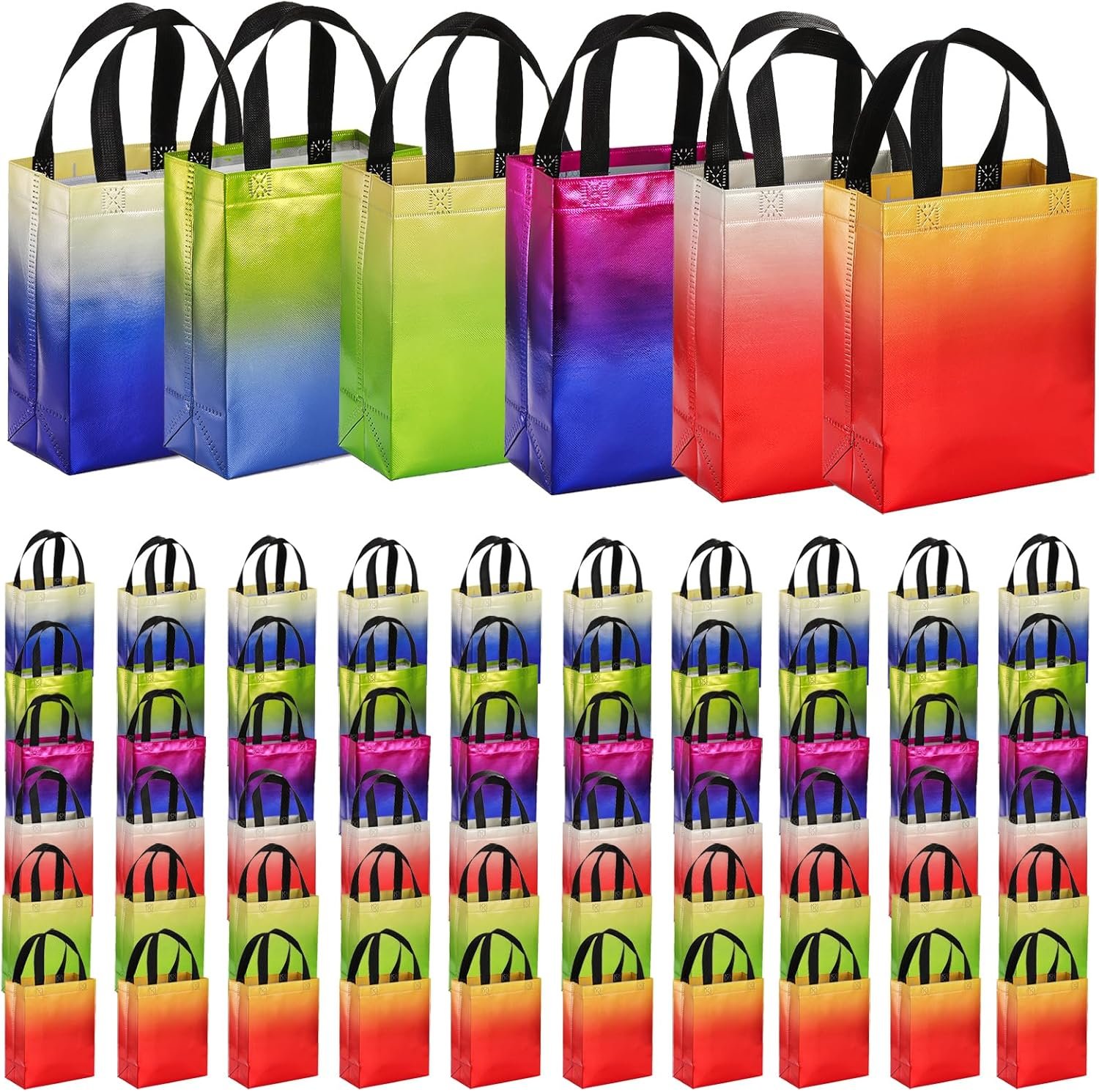 Frcctre 60 Pack 10 x 8 Inch Glossy Reusable Grocery Bags, Non Woven Tote Shopping Bag with Handles Gift Bag Party Favor Bags Goodie Bags for Wedding Birthday Bridal Shower Party, 6 Gradient Colors
