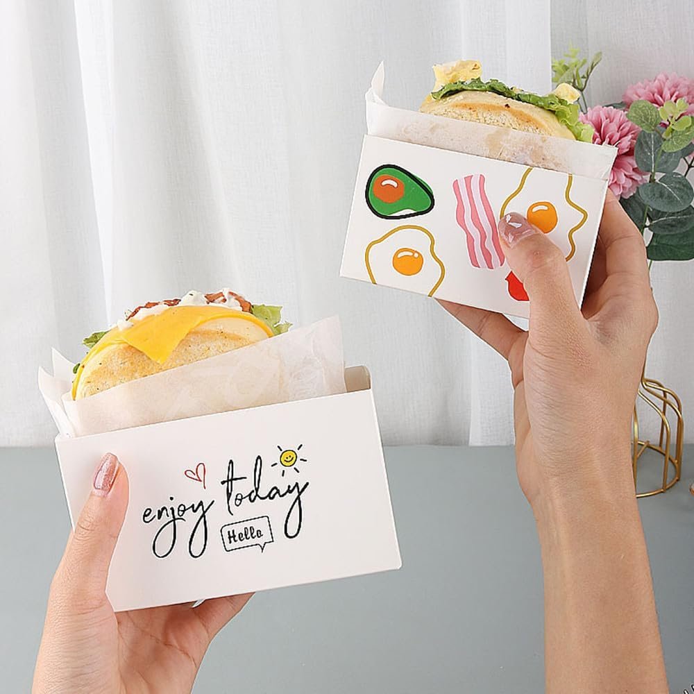 Wholesale 50 Pack Paper Takeout Containers Mini Burger Sandwich Boxes with 50 Oil-Resistant Sheets for Restaurants Picnics Parties Factory
