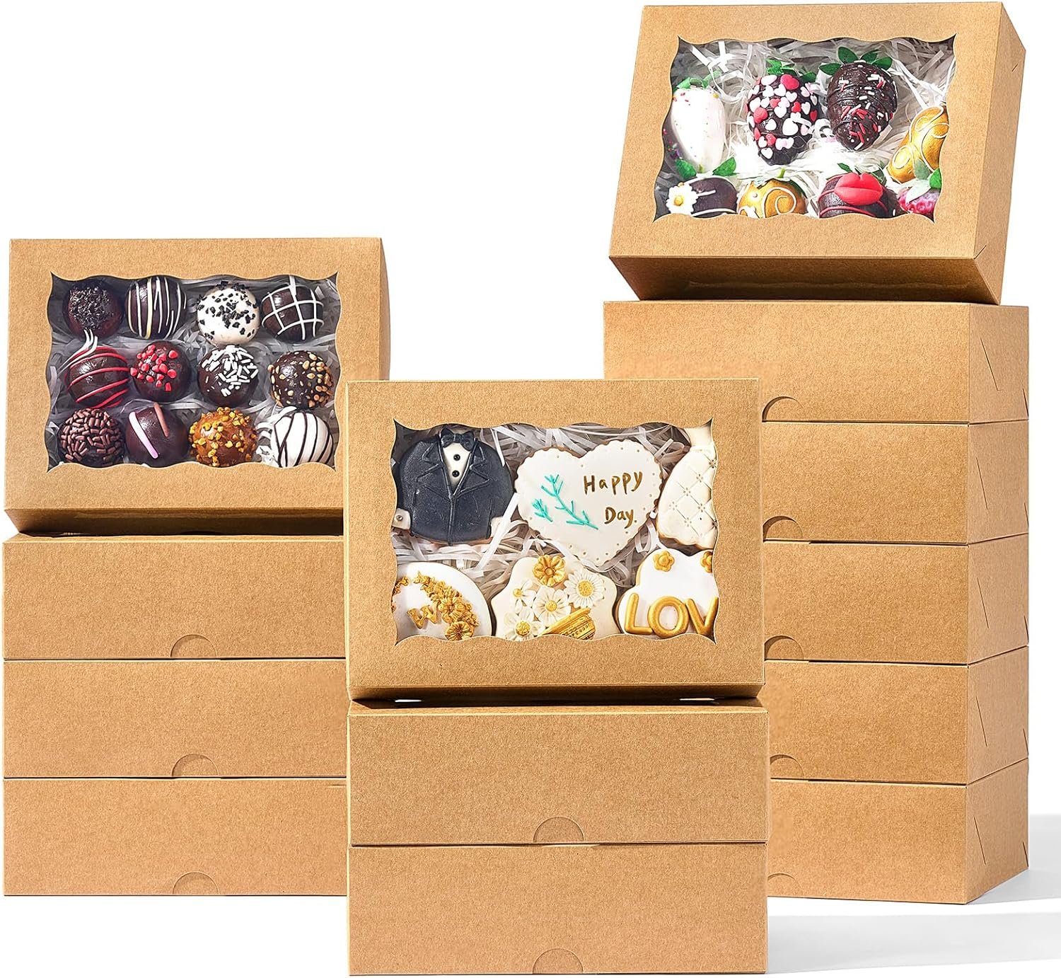 8 Pcs 8"x6"x2.5" Brown Bakery Boxes with Window, Gift-Ready Pastry Box for Chocolate Strawberries, Cookies, Macarons, Donuts, Truffles, Ores, Perfect for Different Holiday Celebrate