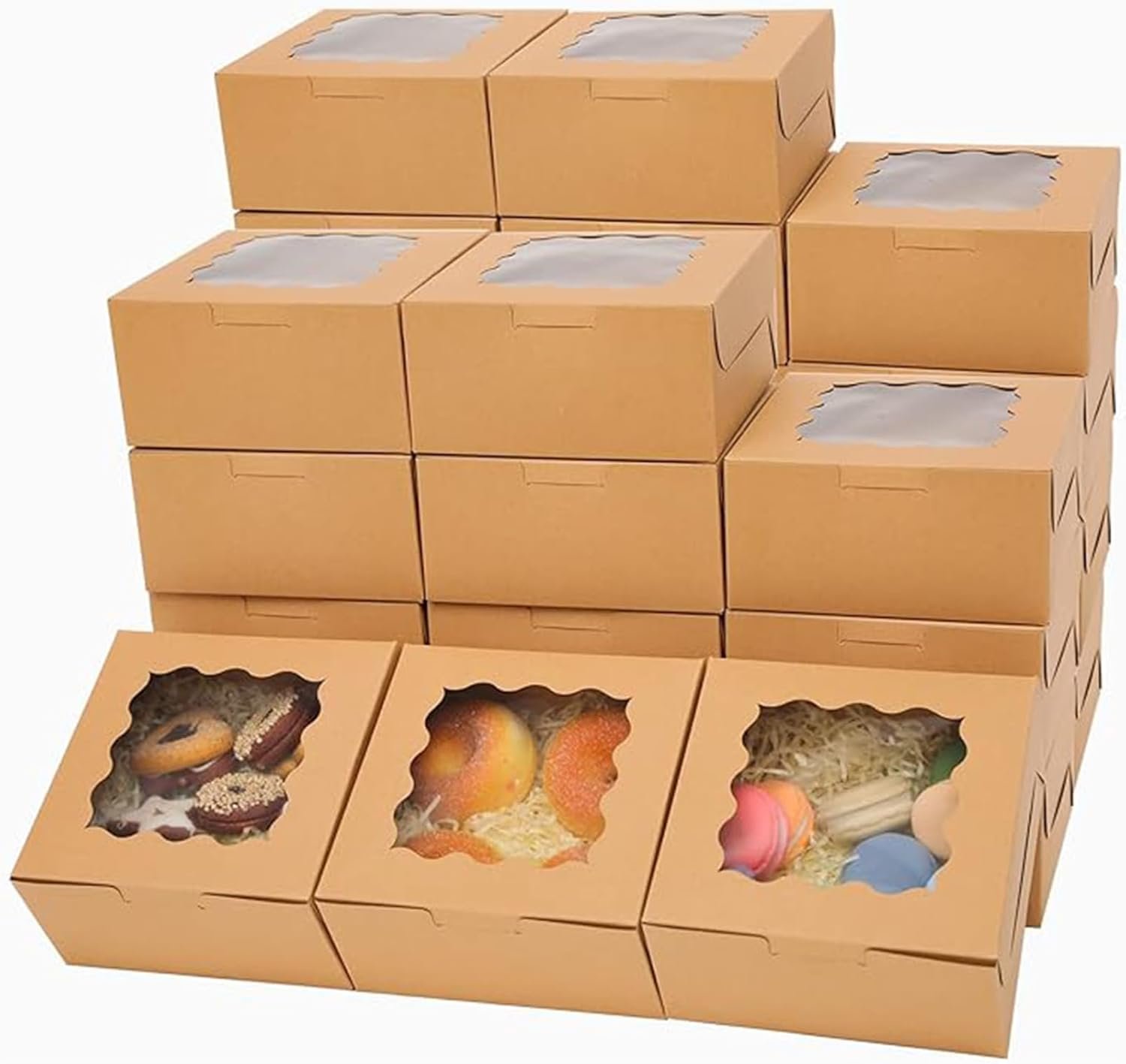 Bakepacker 60pcs Kraft Bakery Boxes with Window 6x6x3 inches Thick & Sturdy Macaroon Pastry Boxes Cookie Boxes for Bakerys