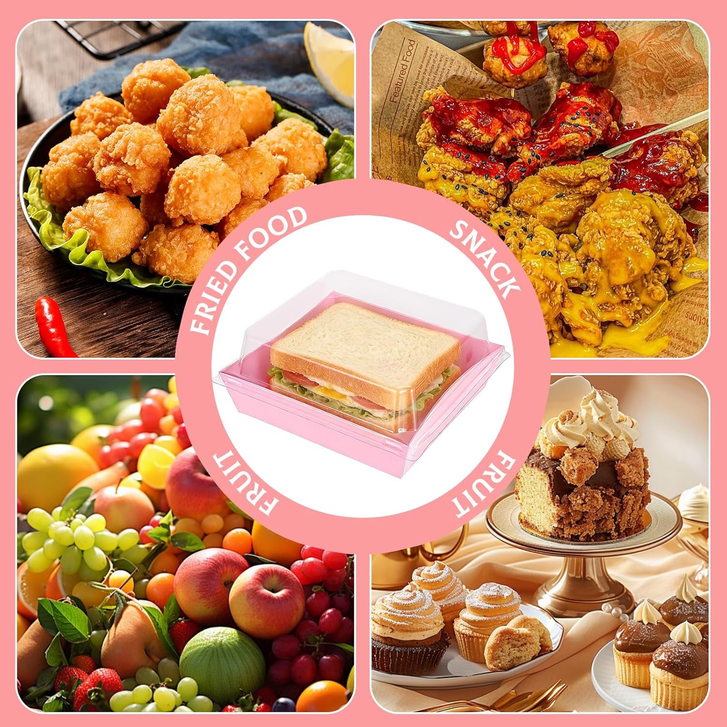 Wholesale 100 Pcs 5 Inch Mini Square Charcuterie Boxes with Clear Lids Disposable Paper Food Containers for Bakery Party Sandwiches Sushi Cookies Cakes Fruit Slices Valentine's Day Pink Factory