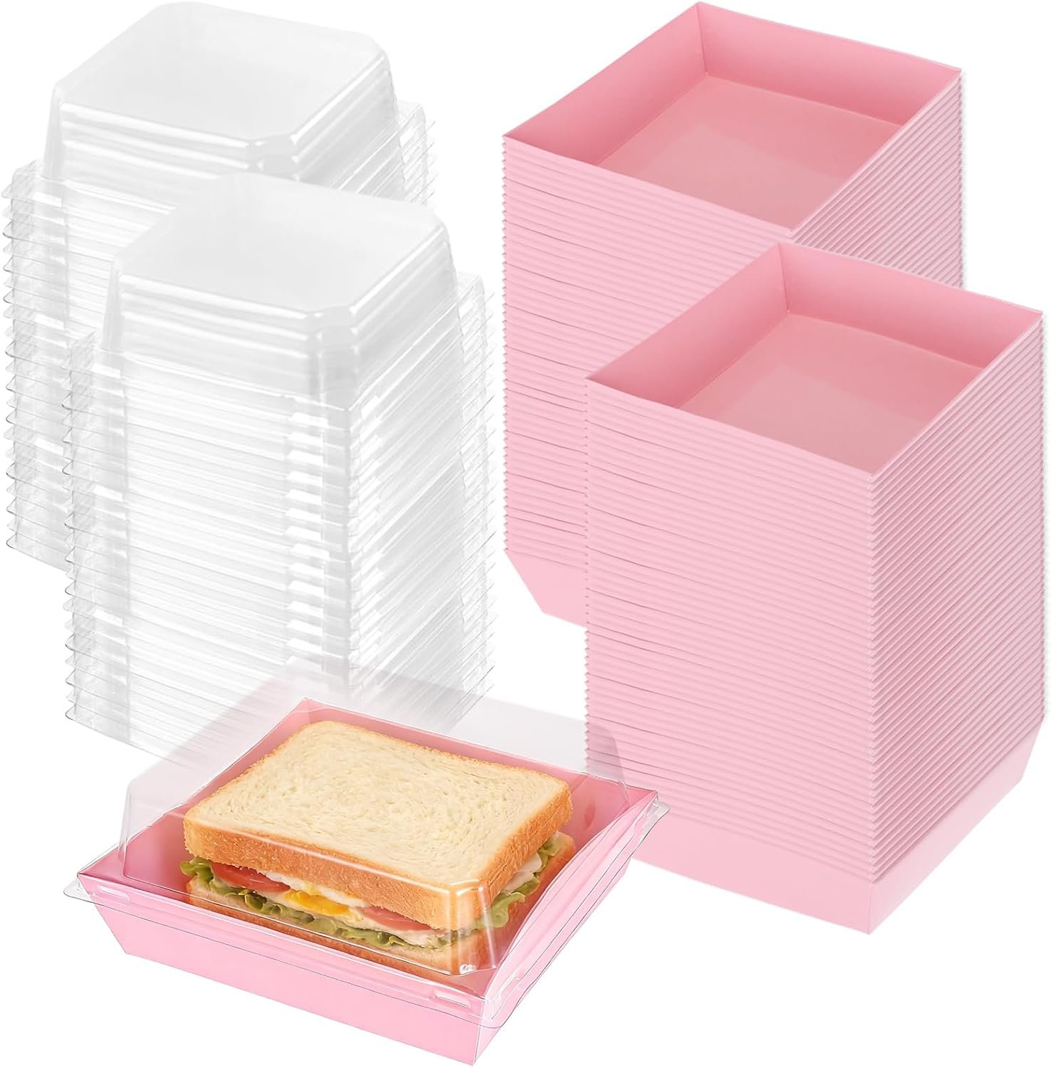 100 Pcs Charcuterie Boxes with Clear Lids 5 Inch Disposable Mini Square Charcuterie Boxes Paper Bakery Food Containers for Valentine's Day Family Party Sandwich Sushi Cookie Cake Fruits Slice (Pink)