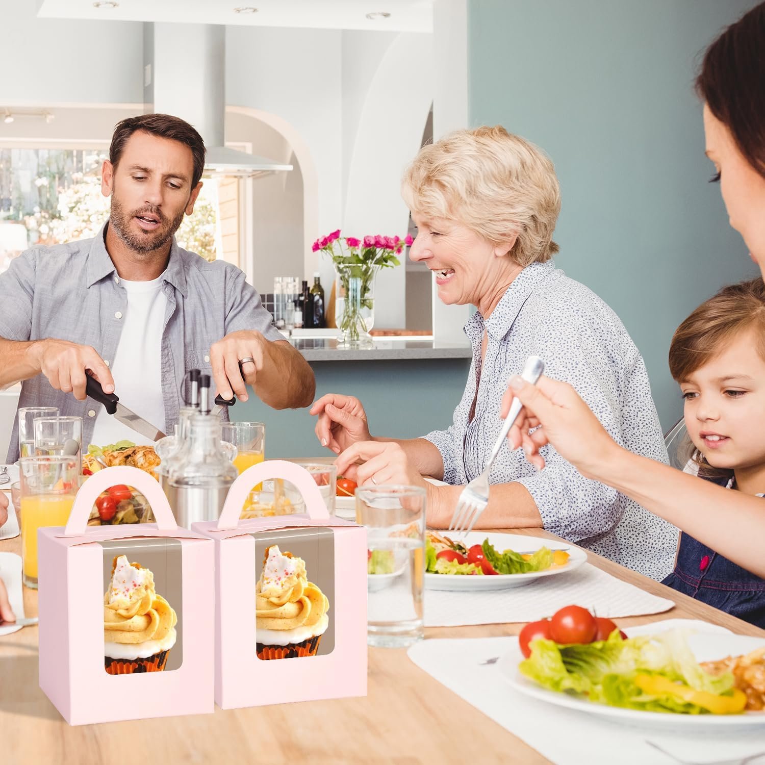 Wholesale Pink 70-Pack Single Cupcake Containers with Insert Window and Handle, Portable Holders for Bakery Wedding Party Favors, Factory