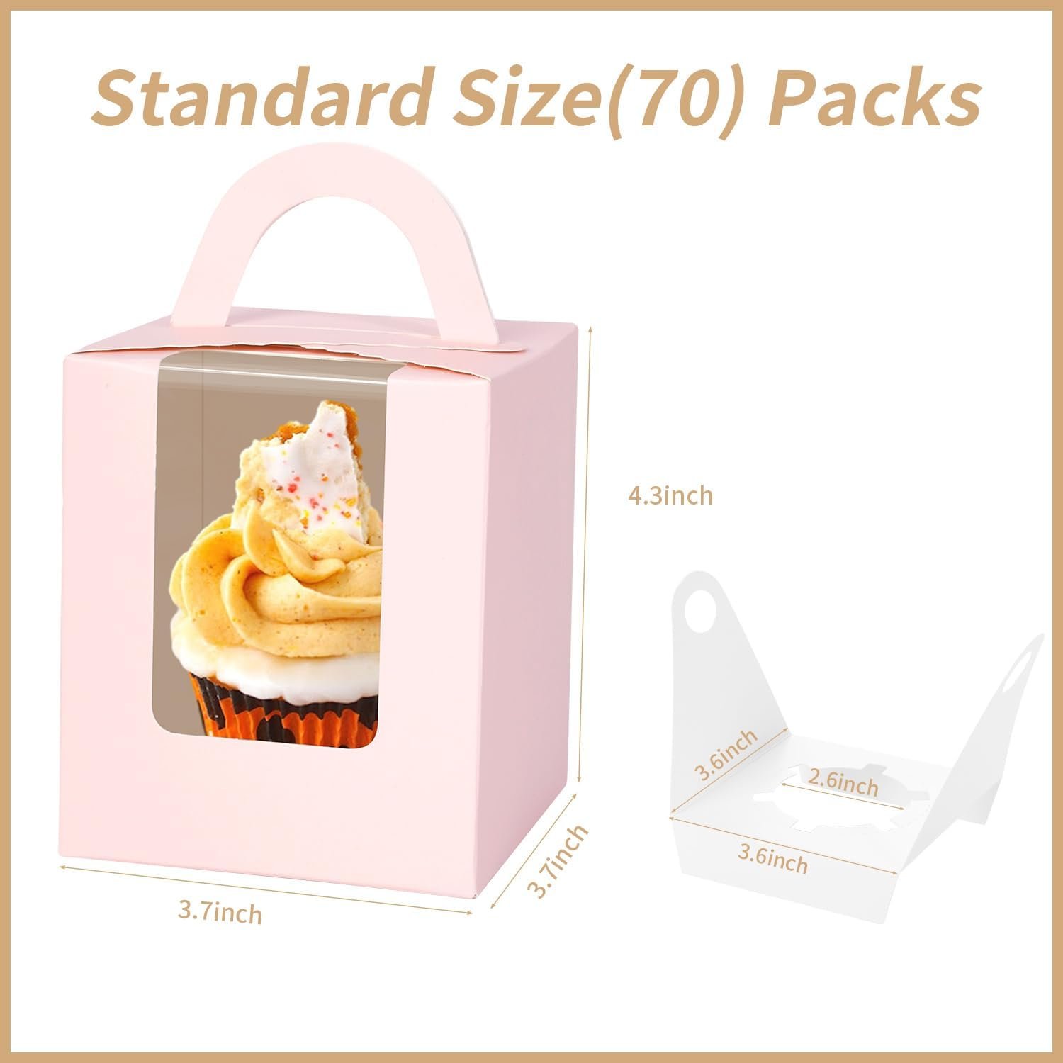 Wholesale Pink 70-Pack Single Cupcake Containers with Insert Window and Handle, Portable Holders for Bakery Wedding Party Favors, Factory