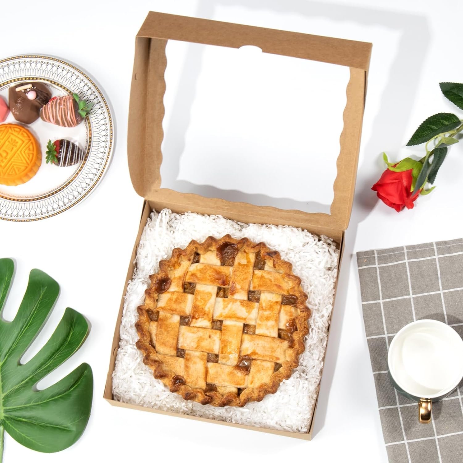 Wholesale Brown Bakery Boxes with Window 12 Pack 9x9x2.5 Inch Size for Christmas Pies Cookies Chocolate Strawberries Breakable Hearts Charcuterie Factory