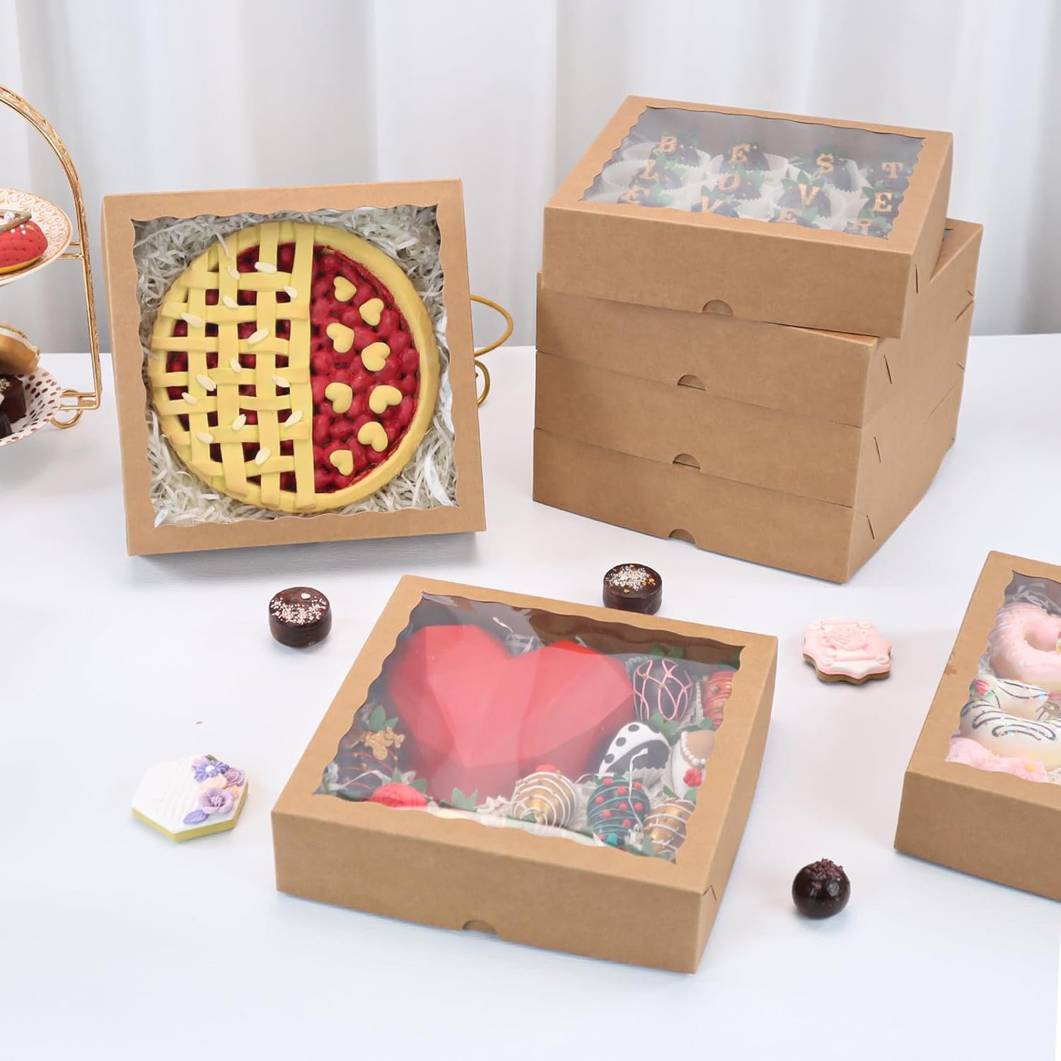 Wholesale Brown Bakery Boxes with Window 12 Pack 9x9x2.5 Inch Size for Christmas Pies Cookies Chocolate Strawberries Breakable Hearts Charcuterie Factory