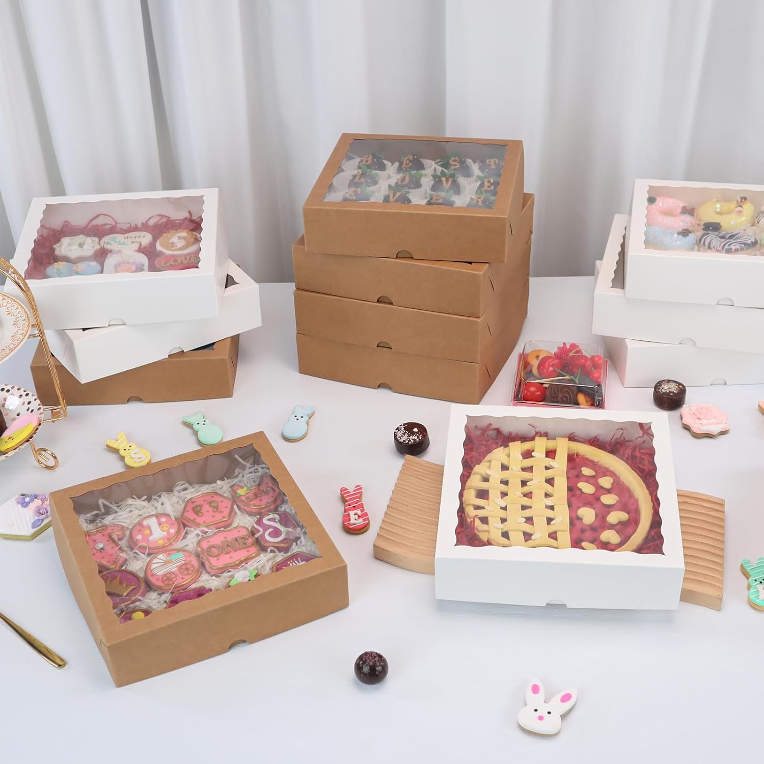 Wholesale Brown Bakery Boxes with Window 12 Pack 9x9x2.5 Inch Size for Christmas Pies Cookies Chocolate Strawberries Breakable Hearts Charcuterie Factory