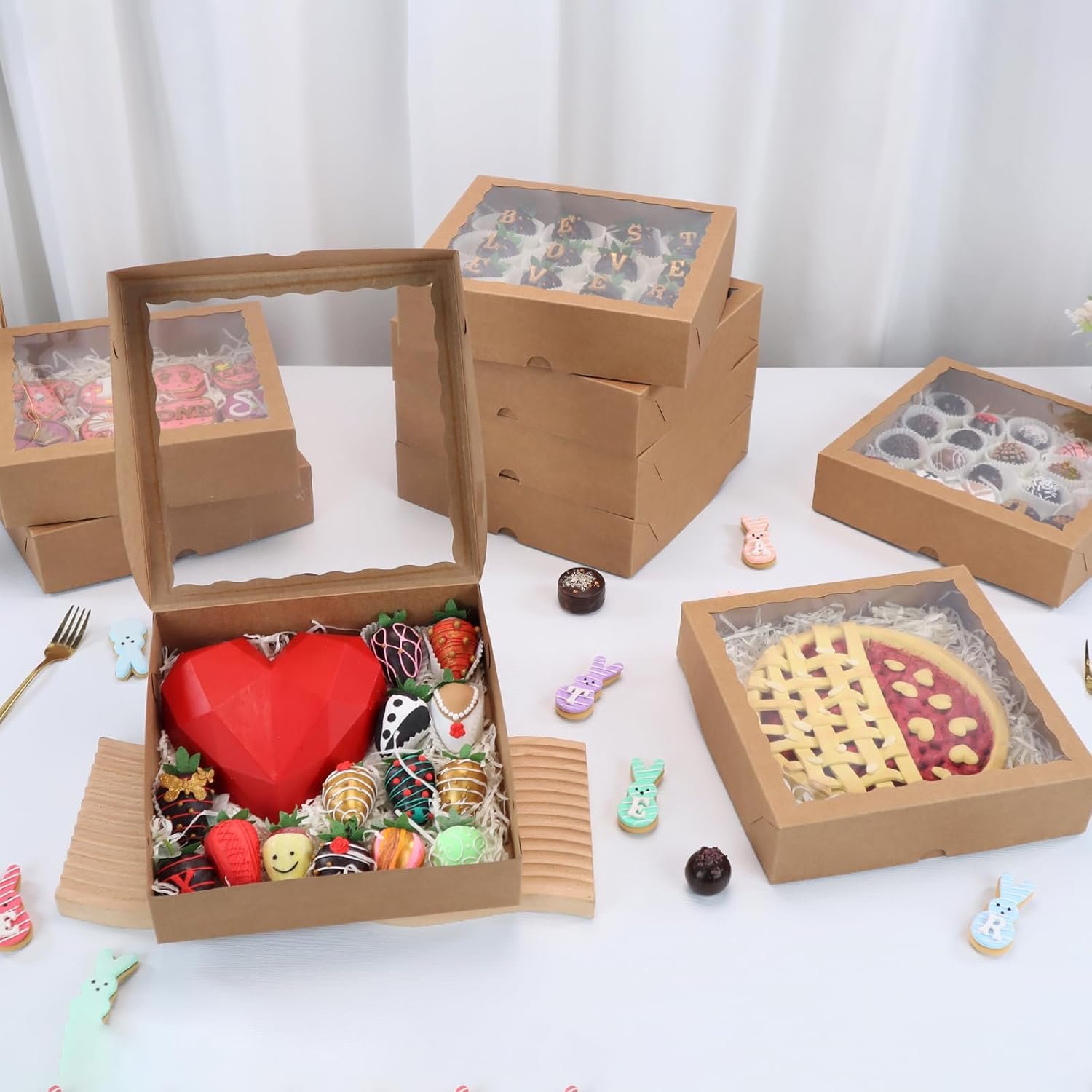 Wholesale Brown Bakery Boxes with Window 12 Pack 9x9x2.5 Inch Size for Christmas Pies Cookies Chocolate Strawberries Breakable Hearts Charcuterie Factory