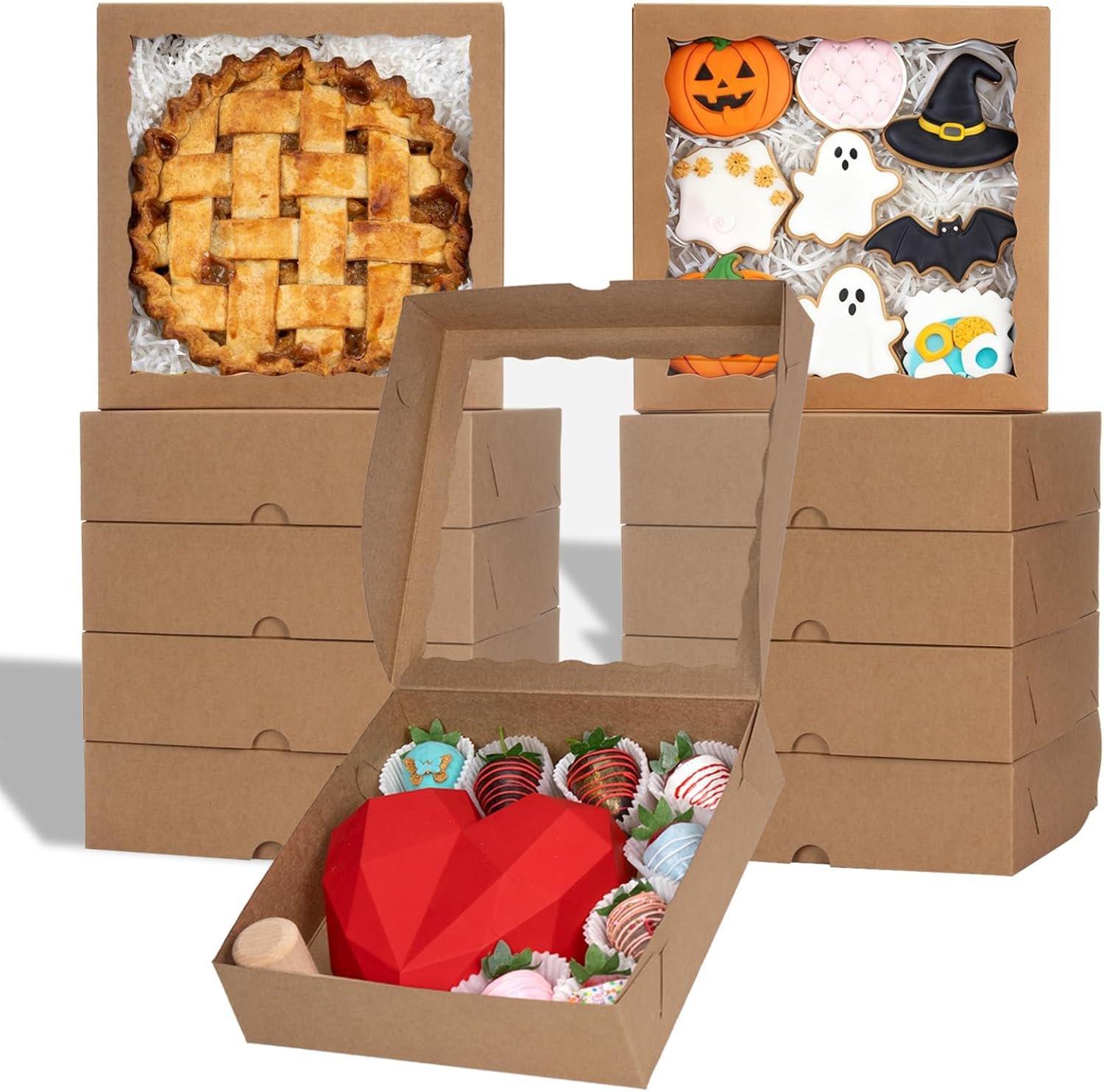 Brown Bakery Boxes with Window (12pcs, 9x9x2.5 Inch) for Christmas: Ideal for Pie, Cookies, Chocolate Covered Strawberries, Breakable Heart & Charcuterie