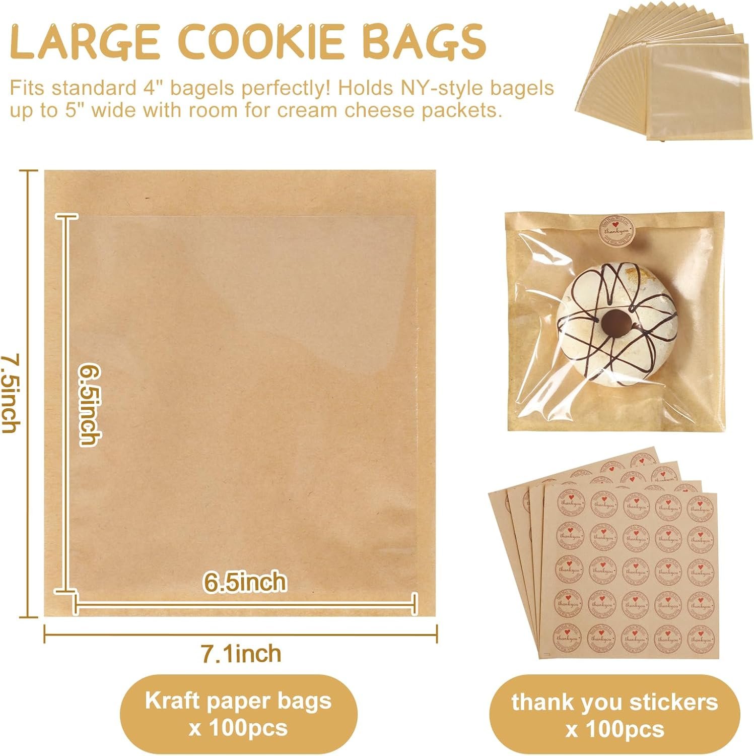 Wholesale Paper Sandwich Bags 100 Pack 7.1 x 7.5 Inch Kraft Brown with Window Heat Seal Stickers for Cookies Snacks Treats Bakery Packaging Factory