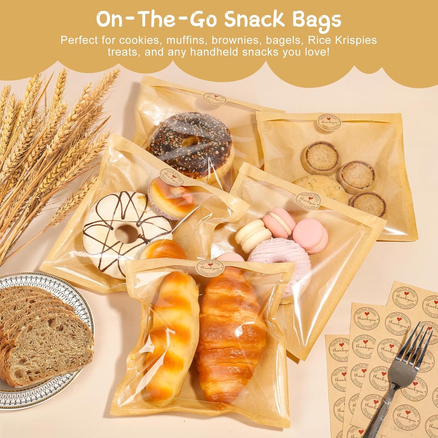 Wholesale Paper Sandwich Bags 100 Pack 7.1 x 7.5 Inch Kraft Brown with Window Heat Seal Stickers for Cookies Snacks Treats Bakery Packaging Factory