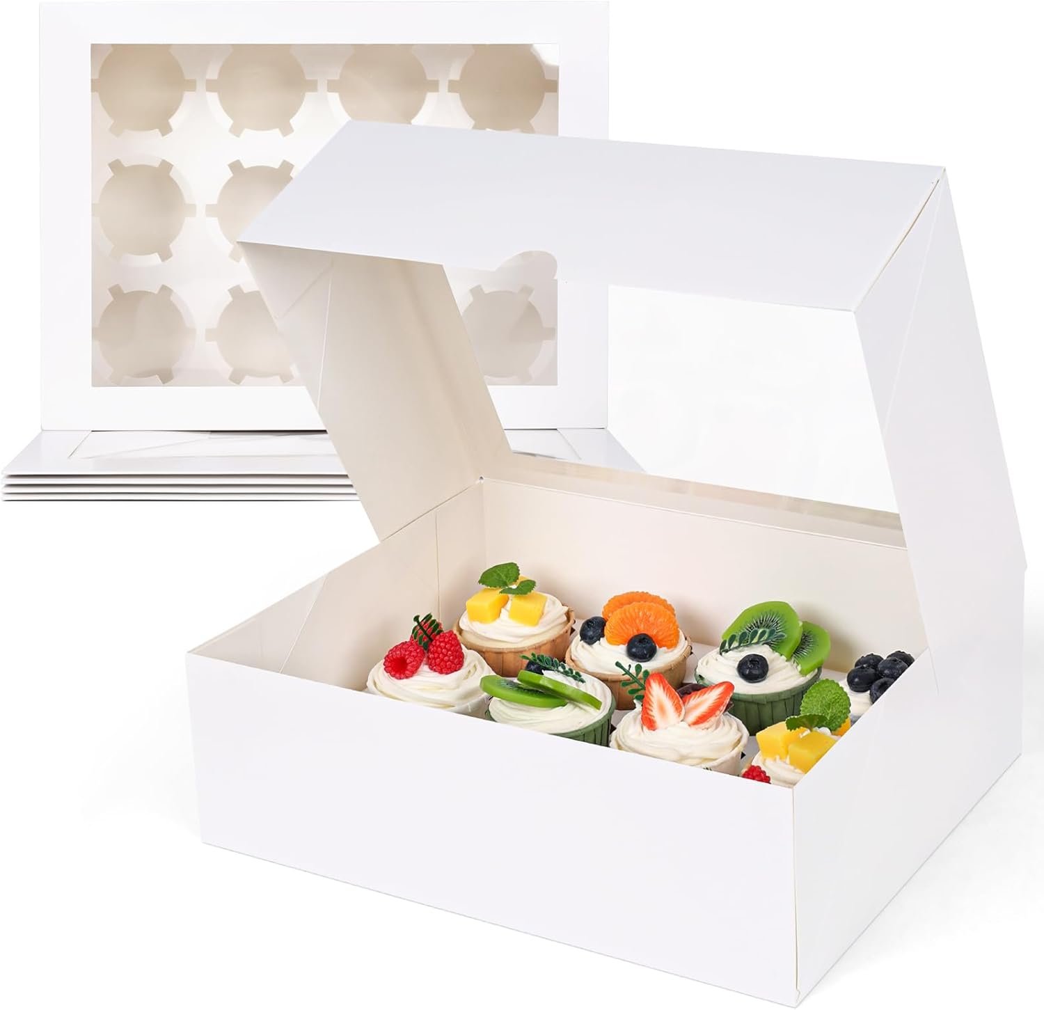 HANSGO 12 Count Cupcake Boxes, 6PCS 13"x10"x4" Cupcake Container with Window Holding 72 Pastry Box for Birthday Holiday Party Bakery Supplies