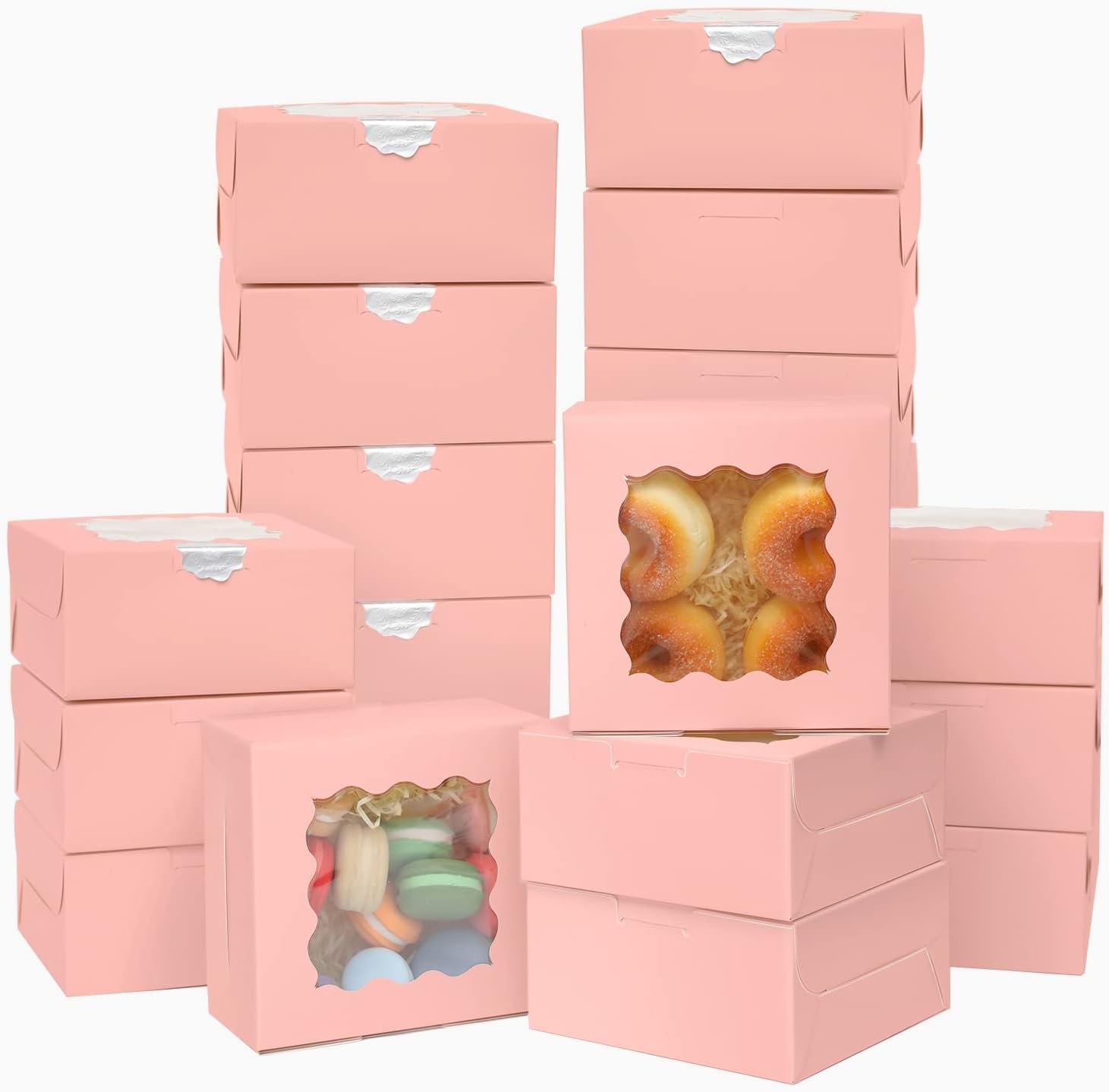 Wholesale Pink Bakery Boxes with Window 6x6x3 Inches Thick Sturdy for Macarons Pastries Cookies Bakeries 60 Packs Factory