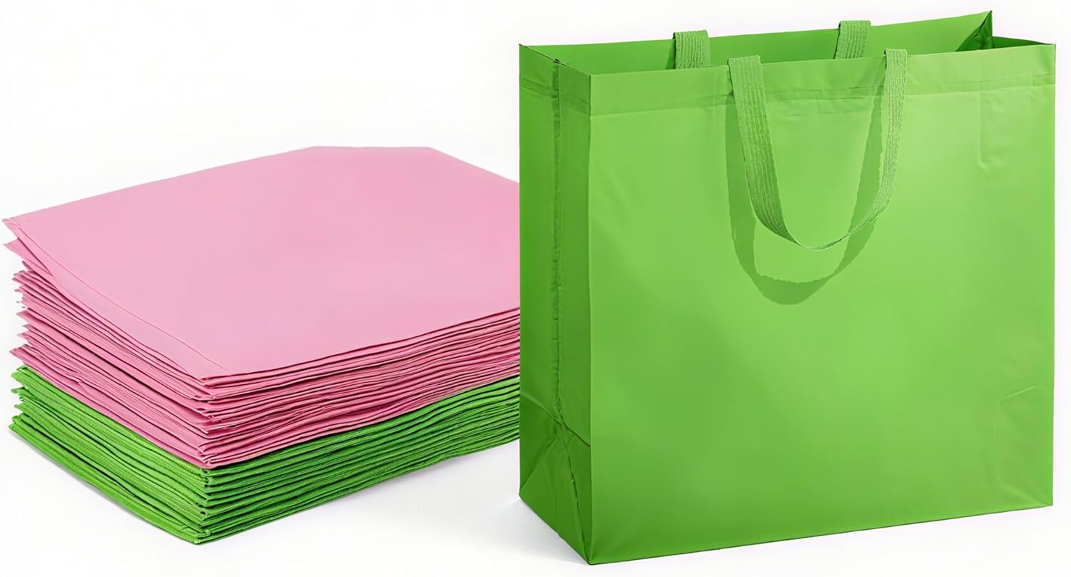 30 Pcs Large Reusable Non Woven Gift Bag Bulk with Handles 14.5 x 14 x 6.6'' Christmas Birthday Party Favors Bags(Pink Green)