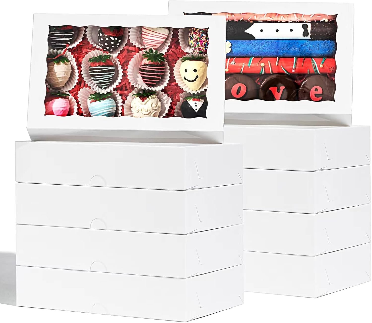 24 PCS 9.5" x 6" x 2" Bakery Boxes with Window for Cookies, Cakesicle, Chocolate Bomb, Macaron, Chocolate Covered Strawberries and Pretzel Rods