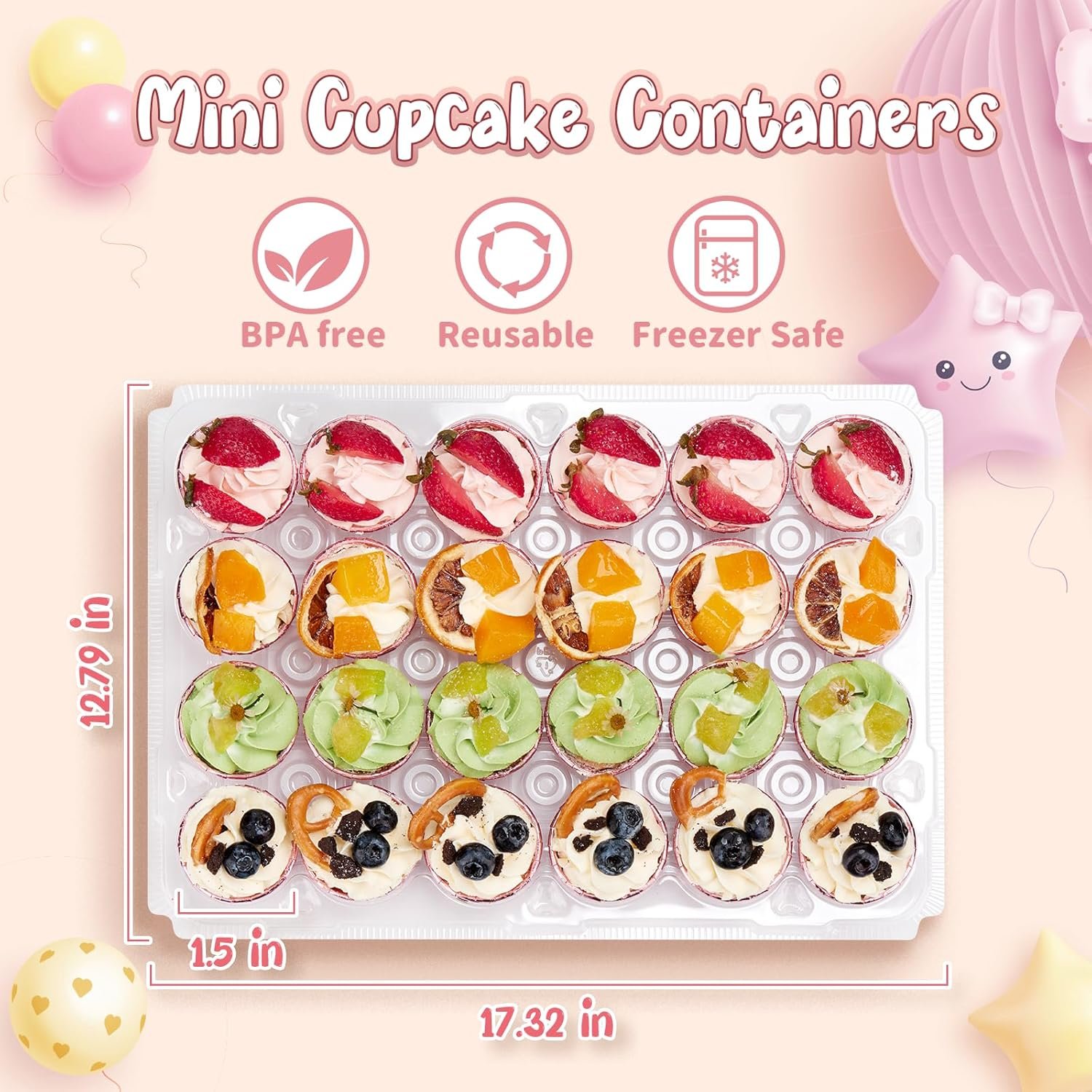 Wholesale Mini Cupcake Containers 24 Pack x 15 Sets with 375 Cupcake Liners Plastic Stackable Holders Clear Disposable High Dome Trays Mini Size Factory