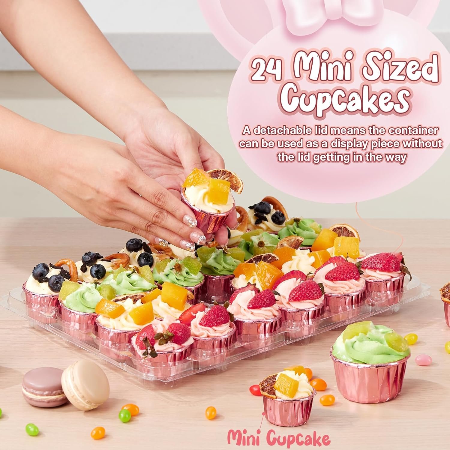 Wholesale Mini Cupcake Containers 24 Pack x 15 Sets with 375 Cupcake Liners Plastic Stackable Holders Clear Disposable High Dome Trays Mini Size Factory