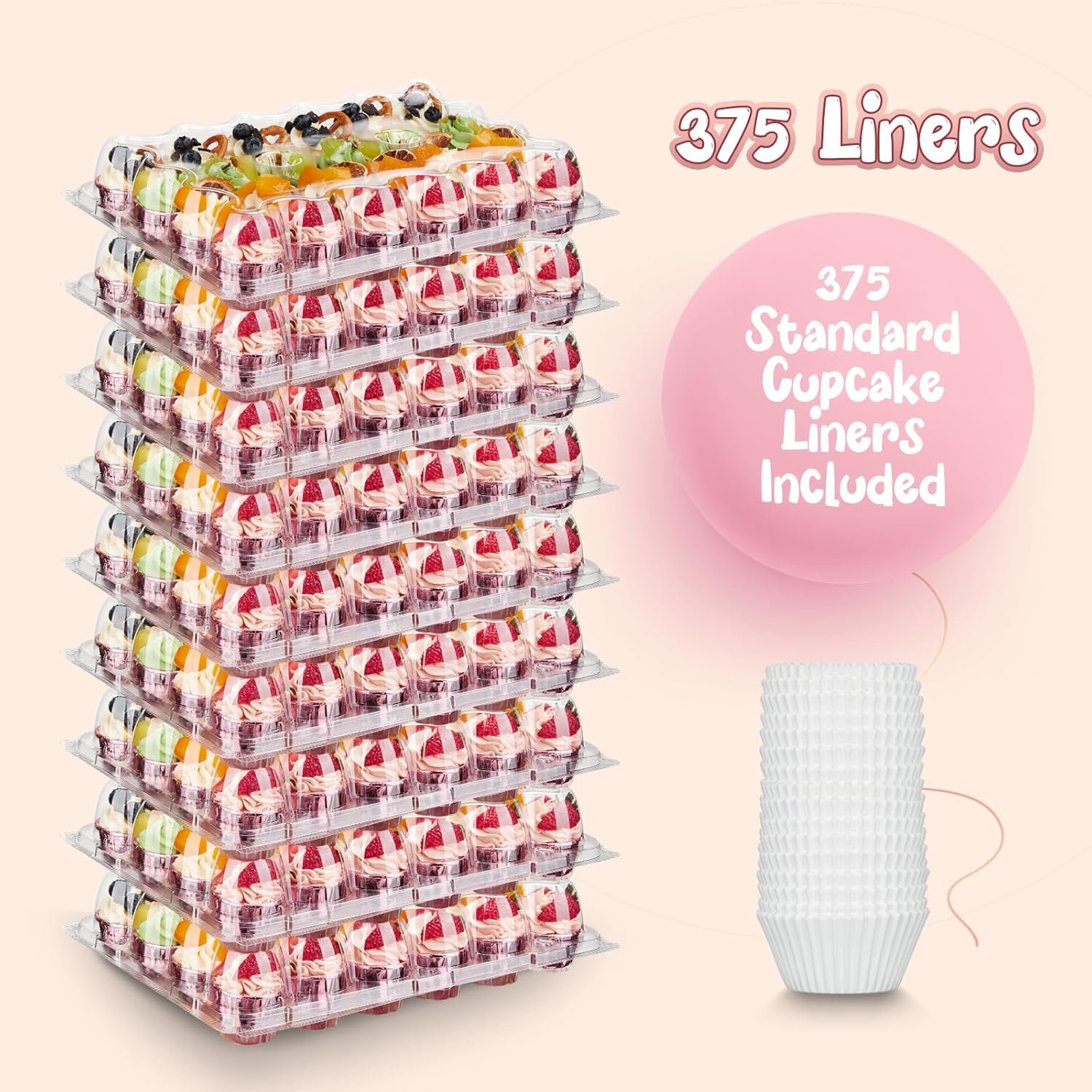 Wholesale Mini Cupcake Containers 24 Pack x 15 Sets with 375 Cupcake Liners Plastic Stackable Holders Clear Disposable High Dome Trays Mini Size Factory