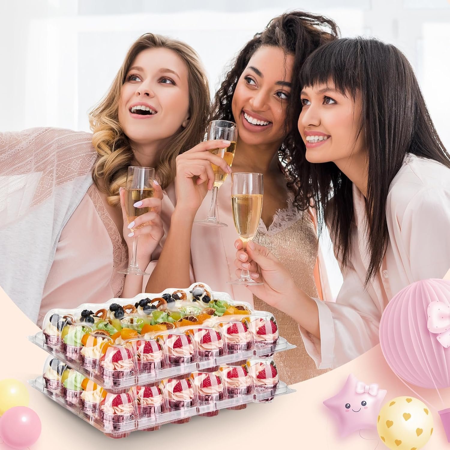 Wholesale Mini Cupcake Containers 24 Pack x 15 Sets with 375 Cupcake Liners Plastic Stackable Holders Clear Disposable High Dome Trays Mini Size Factory