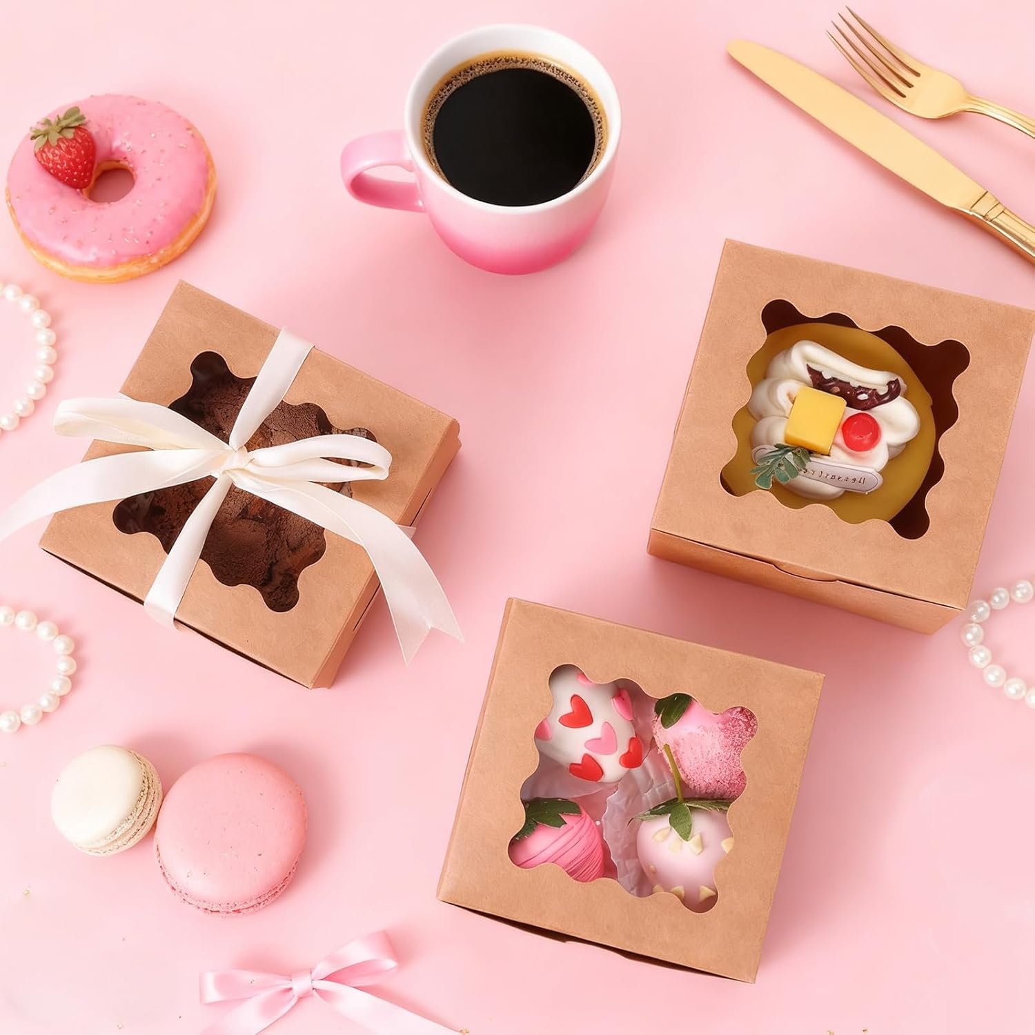 Wholesale 50pcs Cookie Boxes with Window 4x4x2.5 Inches Brown Bakery Pastry Containers for Small Cookies Treats Desserts Factory