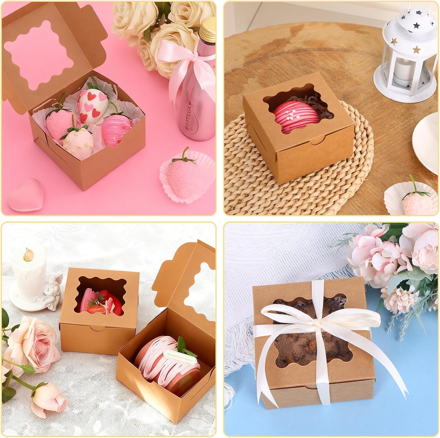 Wholesale 50pcs Cookie Boxes with Window 4x4x2.5 Inches Brown Bakery Pastry Containers for Small Cookies Treats Desserts Factory