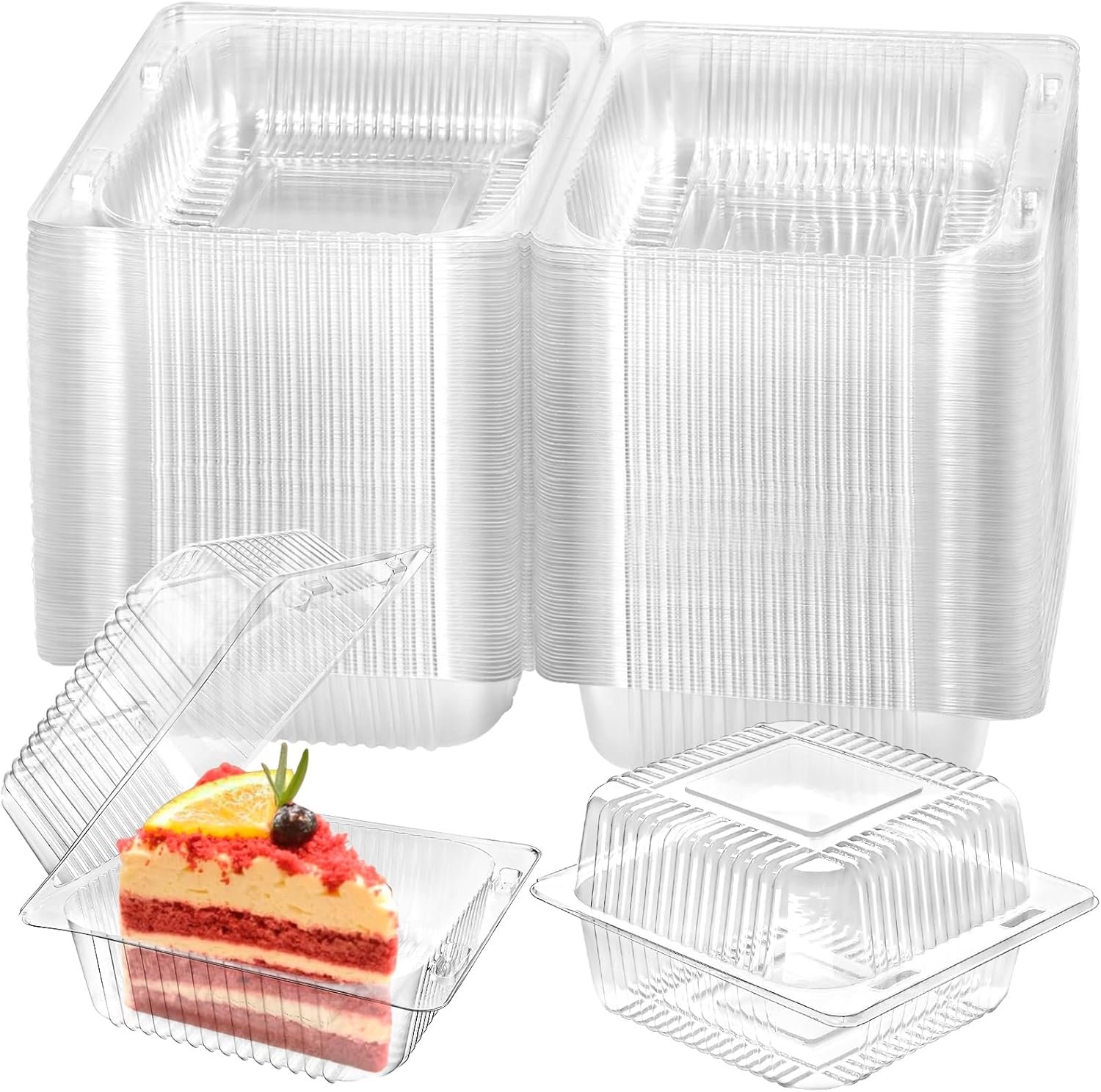 TOFLEN 50 Pack Plastic Clamshell Food Containers, Clear Square Cake Slice Containers with Hinged Lids, Disposable To Go Boxes for Mini Cake, Salad, Sandwich, Dessert, Cookie