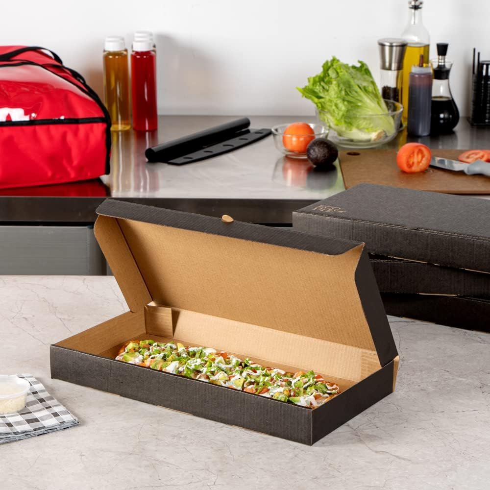 Wholesale 14 x 7 x 1.5 Inch Flatbread Takeaway Boxes 50 Pack Sturdy Corrugated Eco Pizza Boxes E-Flute Tab-Lock Kraft Black Paper Disposable Factory