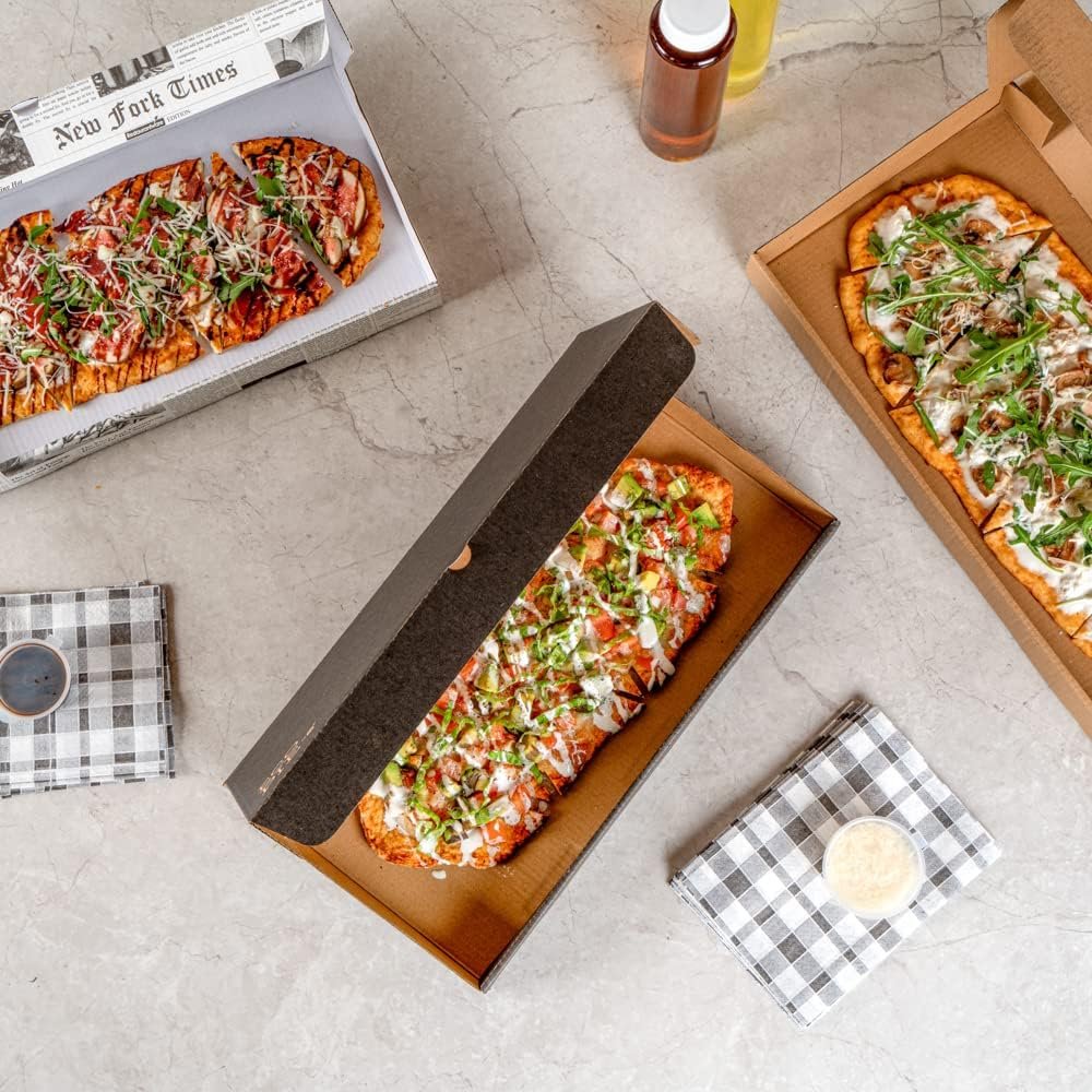 Wholesale 14 x 7 x 1.5 Inch Flatbread Takeaway Boxes 50 Pack Sturdy Corrugated Eco Pizza Boxes E-Flute Tab-Lock Kraft Black Paper Disposable Factory