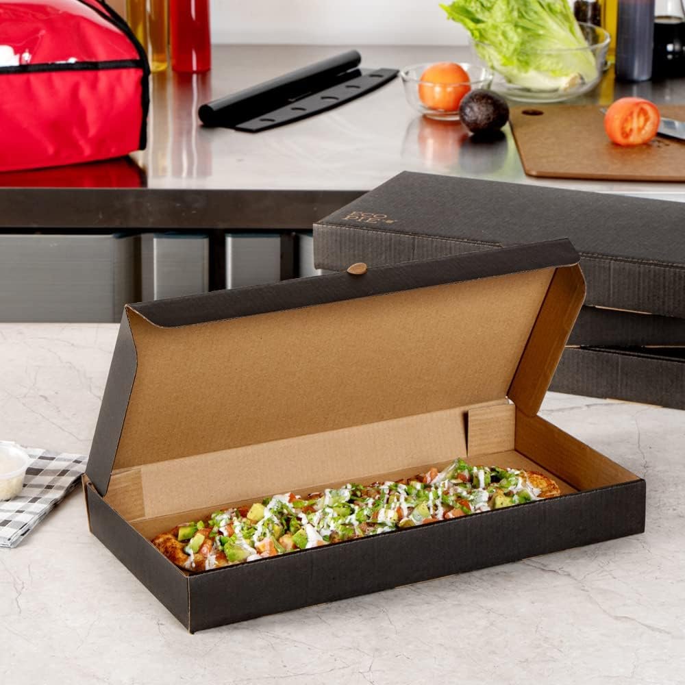 Wholesale 14 x 7 x 1.5 Inch Flatbread Takeaway Boxes 50 Pack Sturdy Corrugated Eco Pizza Boxes E-Flute Tab-Lock Kraft Black Paper Disposable Factory
