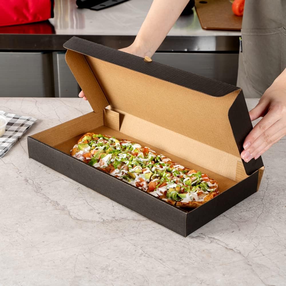 Wholesale 14 x 7 x 1.5 Inch Flatbread Takeaway Boxes 50 Pack Sturdy Corrugated Eco Pizza Boxes E-Flute Tab-Lock Kraft Black Paper Disposable Factory
