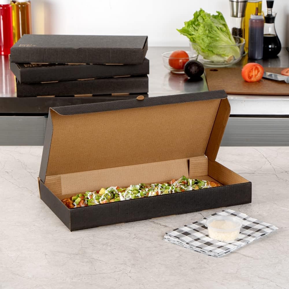 Wholesale 14 x 7 x 1.5 Inch Flatbread Takeaway Boxes 50 Pack Sturdy Corrugated Eco Pizza Boxes E-Flute Tab-Lock Kraft Black Paper Disposable Factory
