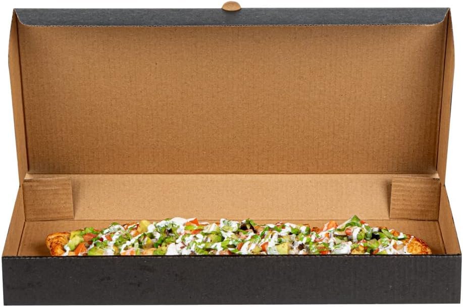Wholesale 14 x 7 x 1.5 Inch Flatbread Takeaway Boxes 50 Pack Sturdy Corrugated Eco Pizza Boxes E-Flute Tab-Lock Kraft Black Paper Disposable Factory