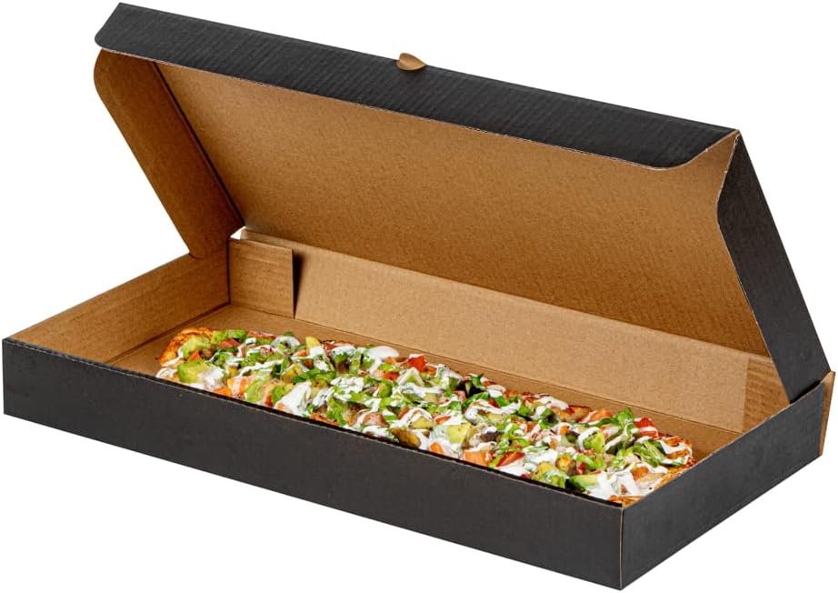 Restaurantware Eco Pie 14 x 7 x 1.5 Inch Flatbread Takeaway Boxes 50 Sturdy Corrugated Pizza Boxes - E-Flute Design Tab-lock System Kraft And Black Paper Pizza Boxes Disposable For Flatbreads