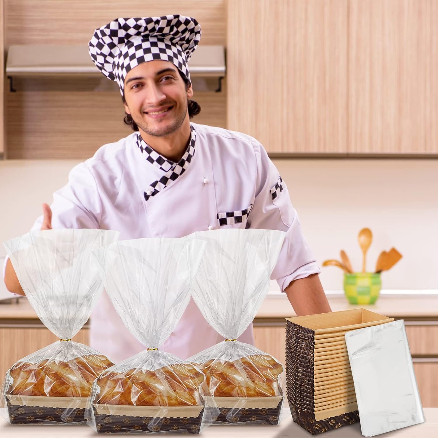 Wholesale 75 Sets Small Disposable Paper Loaf Pans 6x2.5x2 Inches Baking Molds with Transparent Ties Holiday Bread Storage Bags for Homemade Bakery Factory