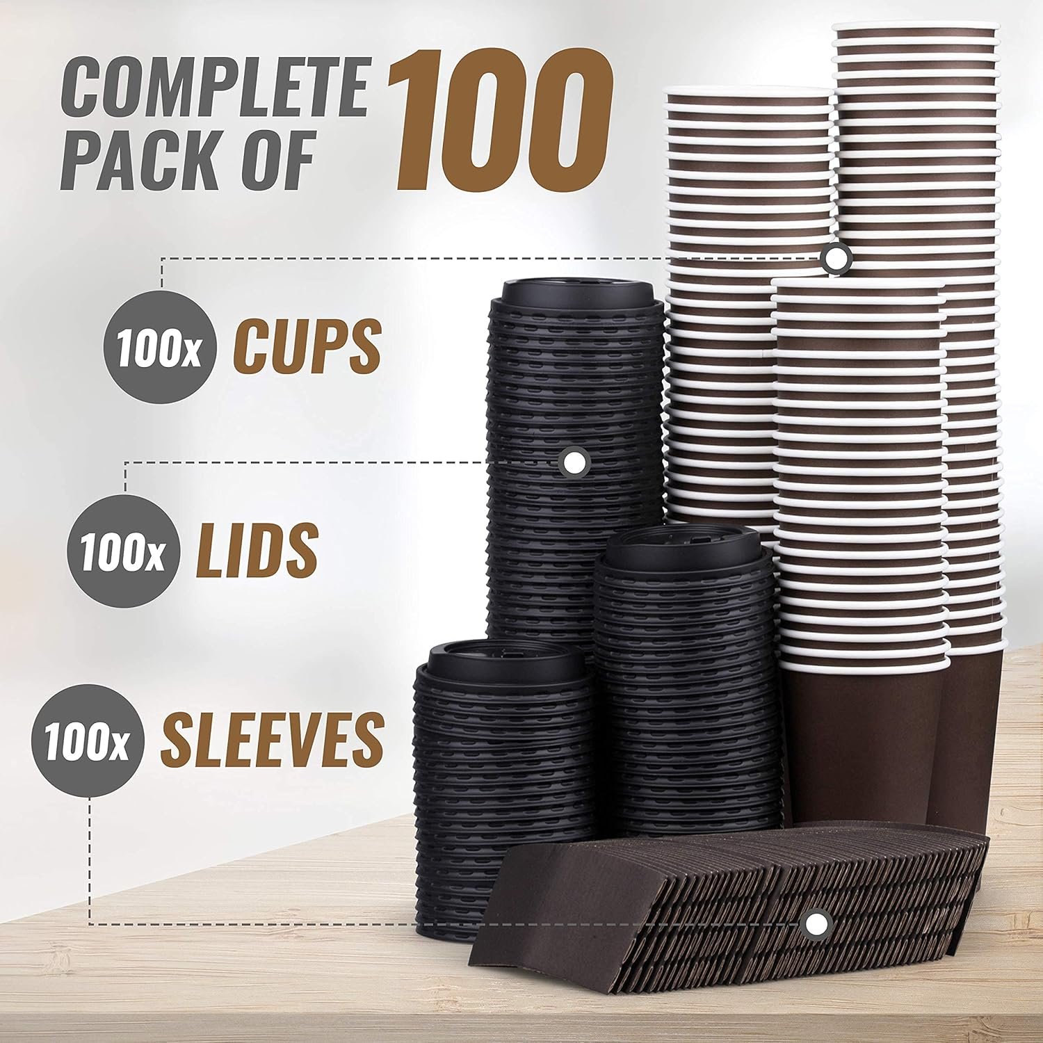 Wholesale 16 oz Disposable Brown Coffee Cups with Lids Sleeves Premium Paper 100 Pack Factory