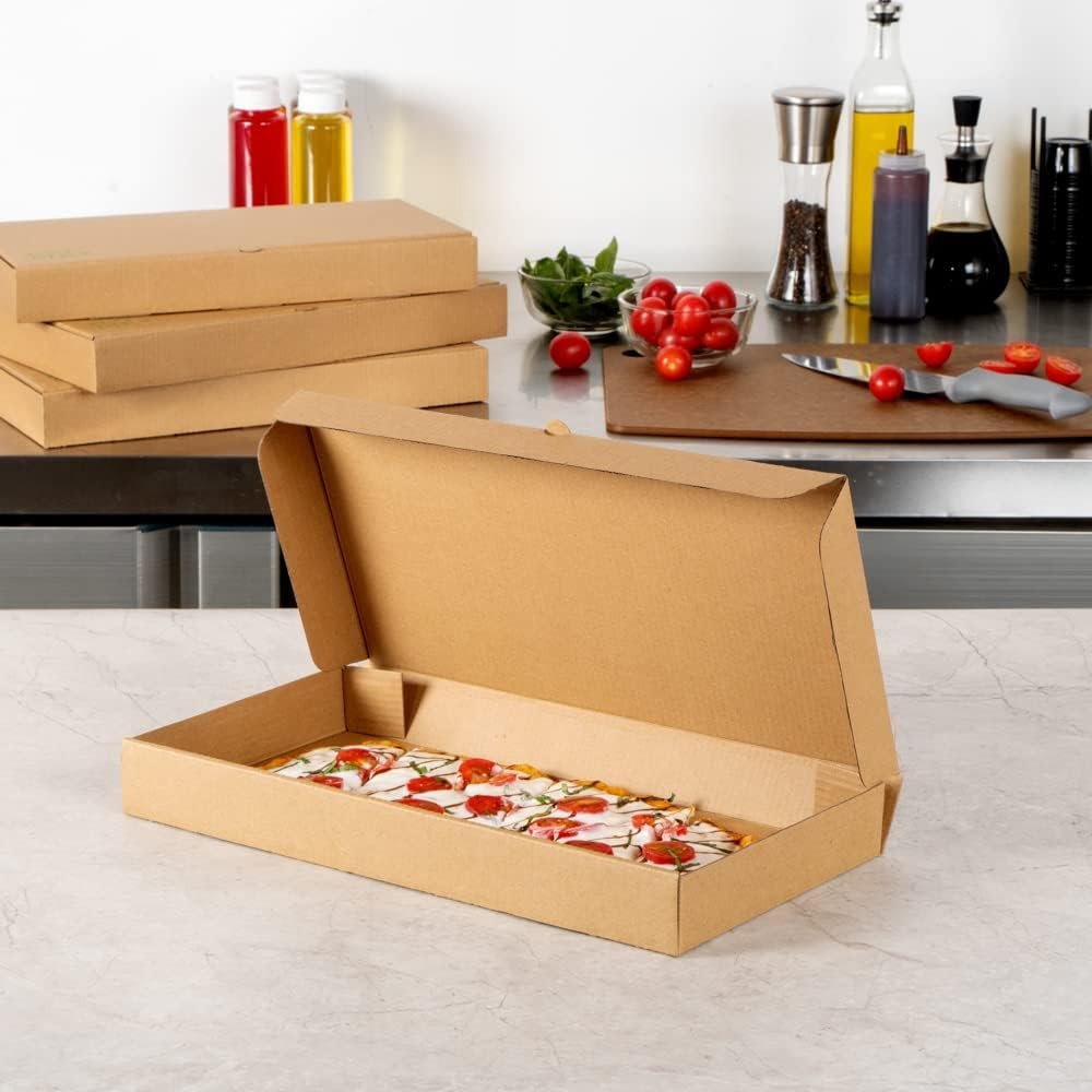 Wholesale 15 x 7 x 1.5 Inch Sturdy Corrugated Flatbread Takeaway Boxes 50 Pack E-Flute Tab-Lock Kraft Green Disposable Pizza Boxes Factory