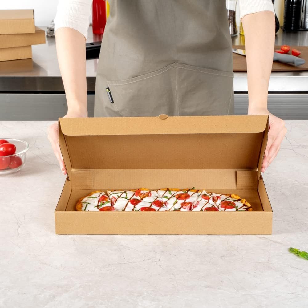 Wholesale 15 x 7 x 1.5 Inch Sturdy Corrugated Flatbread Takeaway Boxes 50 Pack E-Flute Tab-Lock Kraft Green Disposable Pizza Boxes Factory