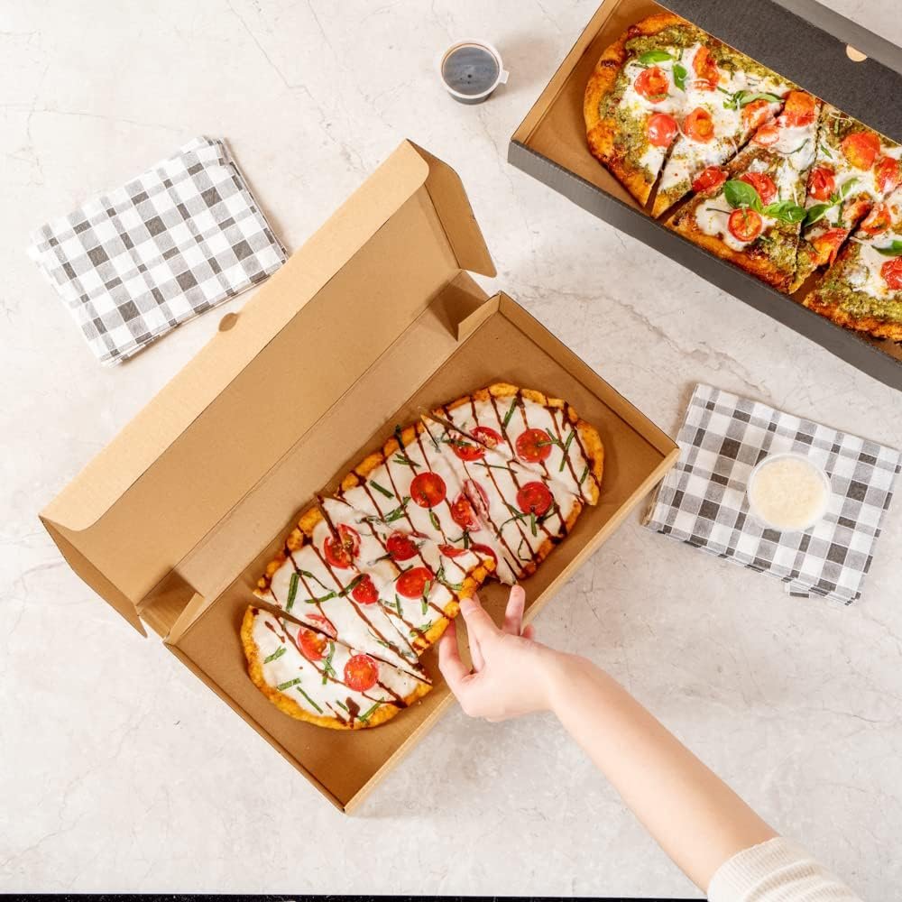 Wholesale 15 x 7 x 1.5 Inch Sturdy Corrugated Flatbread Takeaway Boxes 50 Pack E-Flute Tab-Lock Kraft Green Disposable Pizza Boxes Factory