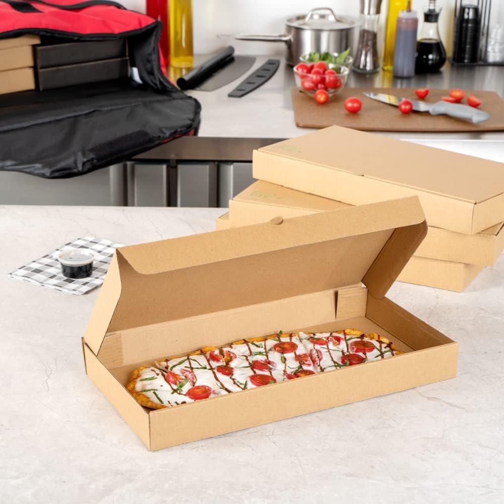 Wholesale 15 x 7 x 1.5 Inch Sturdy Corrugated Flatbread Takeaway Boxes 50 Pack E-Flute Tab-Lock Kraft Green Disposable Pizza Boxes Factory