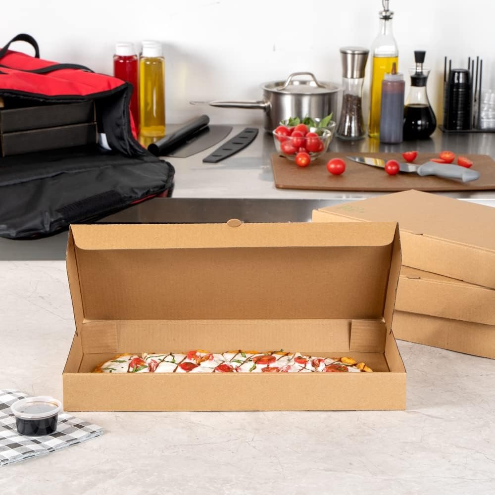 Wholesale 15 x 7 x 1.5 Inch Sturdy Corrugated Flatbread Takeaway Boxes 50 Pack E-Flute Tab-Lock Kraft Green Disposable Pizza Boxes Factory