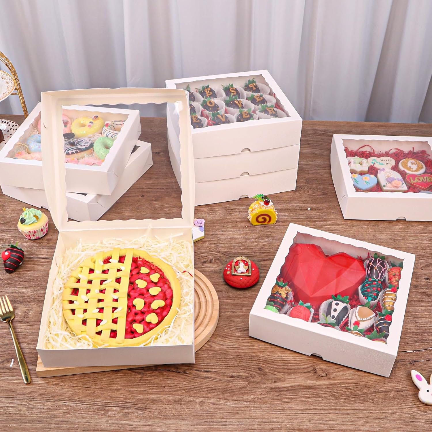 Wholesale 6pcs 10x10x2.5 Inch White Bakery Boxes with Window for Pies Cookies Chocolate Strawberries Breakable Hearts Charcuterie Christmas Factory