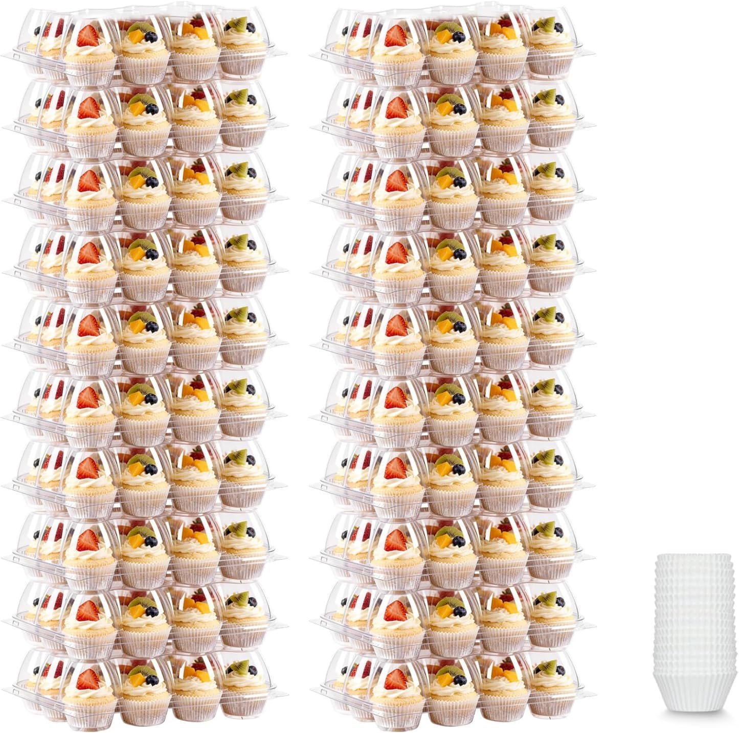 12 Count Cupcake Containers, 20 Pack Stackable Cupcake Carrier with 250 Pack Cupcake Liners, Plastic Cupcake Boxes Holders, Clear Cupcake Disposable Trays for Baking, Parties, Gifting