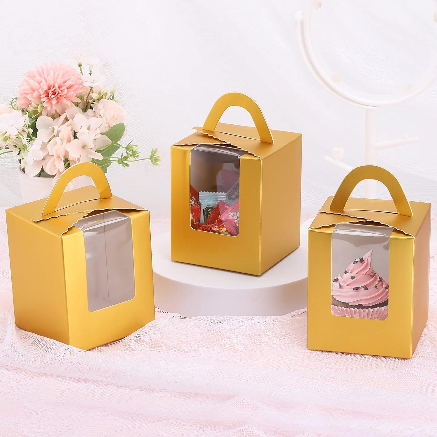 Wholesale 100 Pcs Individual Cupcake Boxes 3.6x3.6x4.3in with Window Handle Inserts for Bakery Wrapping Party Favors Gold Factory