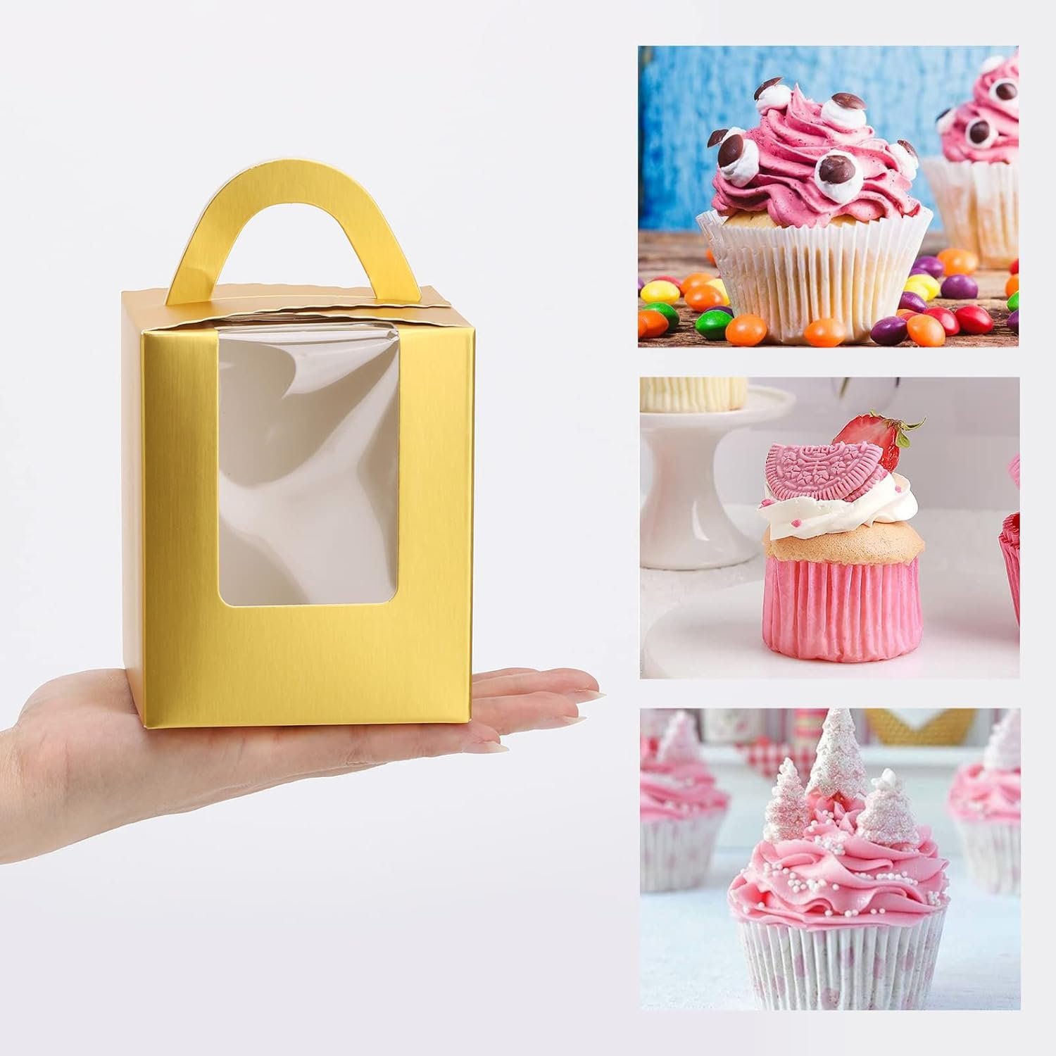Wholesale 100 Pcs Individual Cupcake Boxes 3.6x3.6x4.3in with Window Handle Inserts for Bakery Wrapping Party Favors Gold Factory