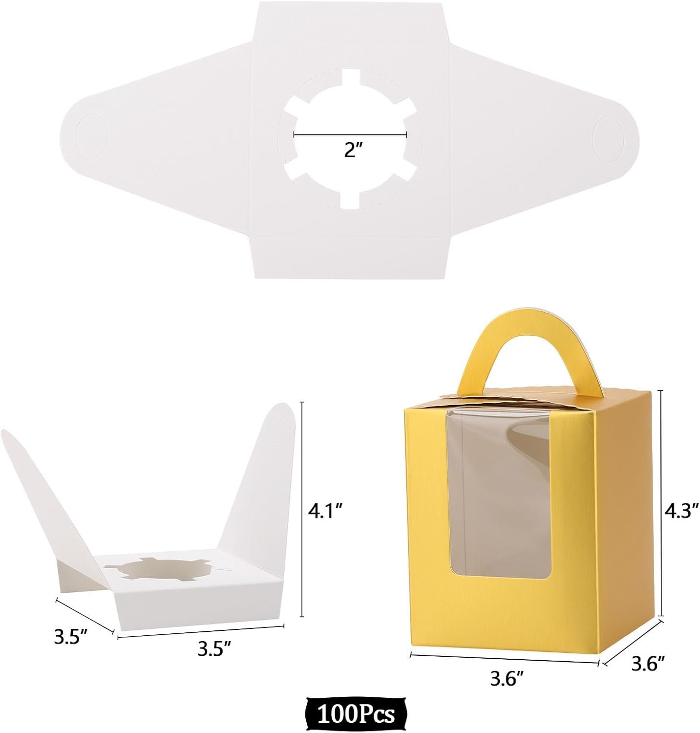 Wholesale 100 Pcs Individual Cupcake Boxes 3.6x3.6x4.3in with Window Handle Inserts for Bakery Wrapping Party Favors Gold Factory