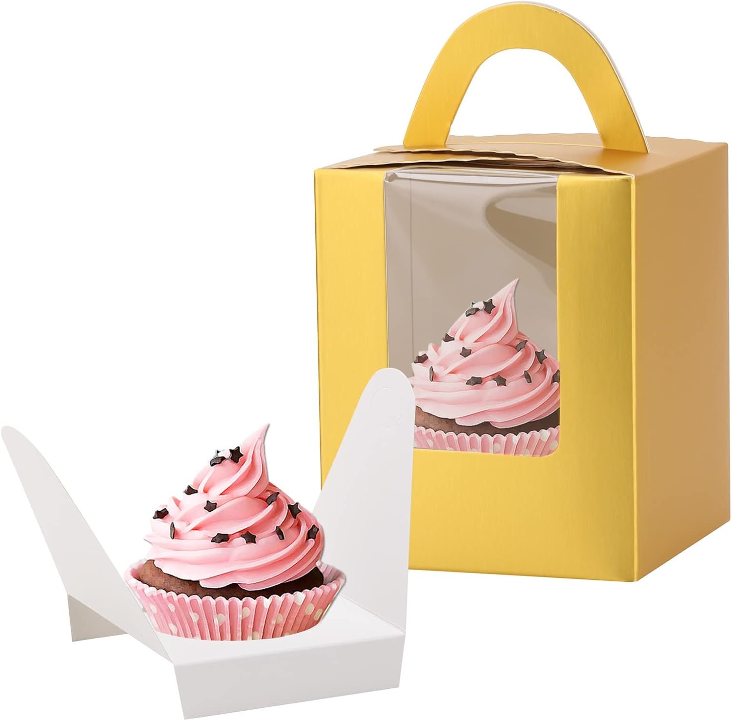 Wholesale 100 Pcs Individual Cupcake Boxes 3.6x3.6x4.3in with Window Handle Inserts for Bakery Wrapping Party Favors Gold Factory